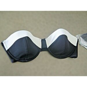 Volcom Sz 14 Simply Solid Rib Bandeau Bikini Top Black White removable straps